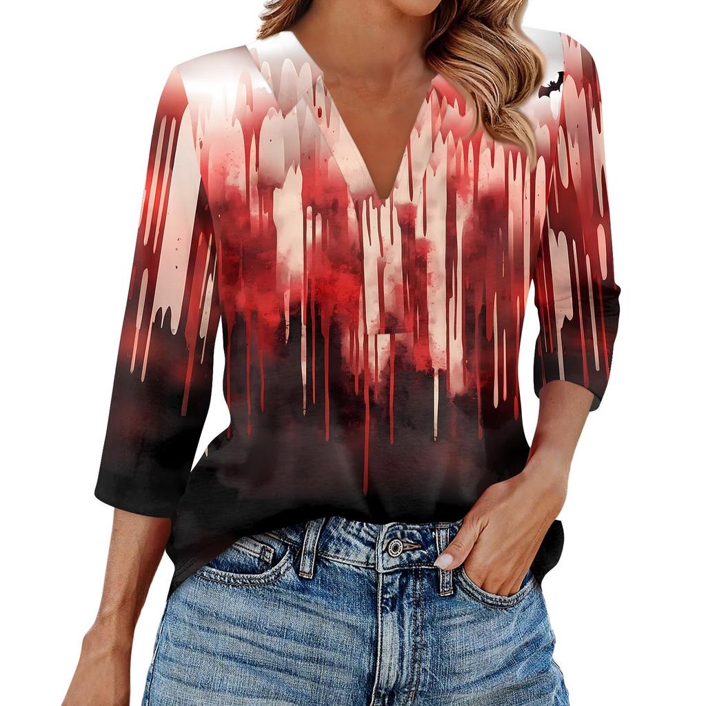 Women's Fashion Casual Lapel 3/4 Sleeve Halloween Print Shirt Women's V-Neck Tops