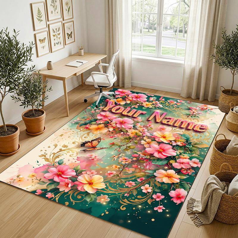 Floral Garden Theme Crystal Velvet Rug Personalized Custom Name Text Soft Floor Mat Home Decor