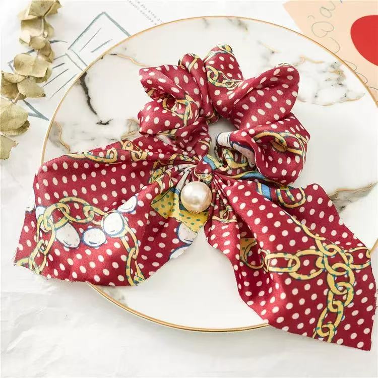 Chiffon Bowknot Silk Hair Scrunchies Women Pearl Ponytail Holder Hair Ties Hair Rope Rubber Bands Headwear Hair Accessories