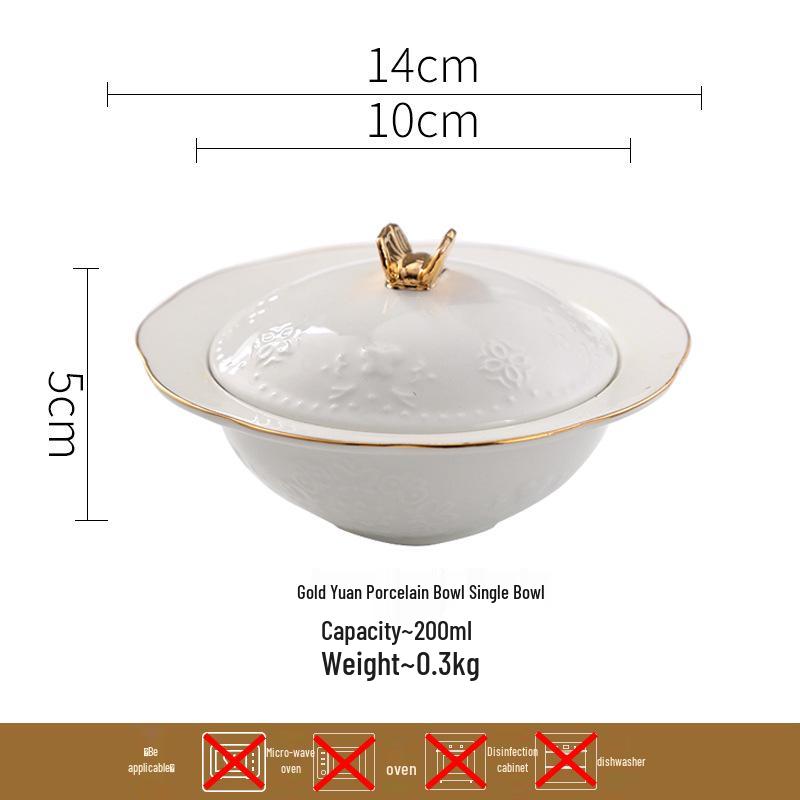 European Gold Rim Ceramic Bird's Nest Dessert Bowl with Lid | Embossed Palace Tureen Set for Sweet Soup