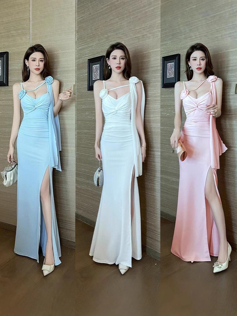 Elegant Satin Polyester Long Dress With Vneck For Evening Parties And Nightclub Wear