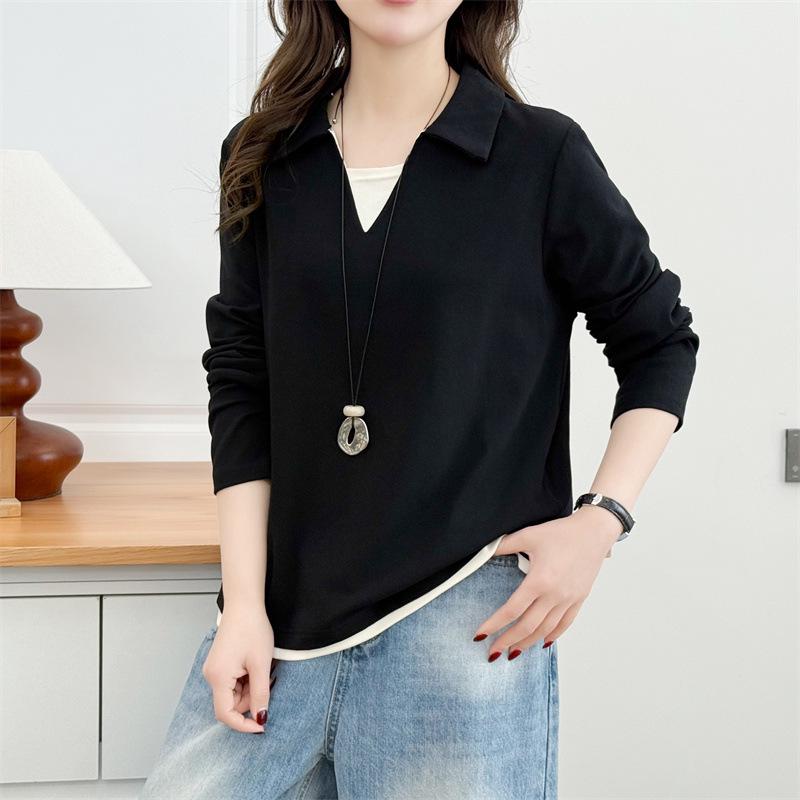 2026 Spring Plus Size Women's Long Sleeve Color Block 2-in-1 Cotton T-Shirt Slimming Top