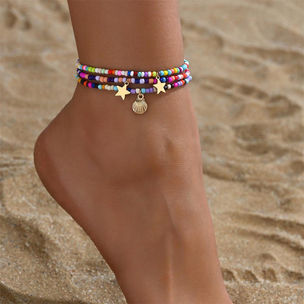 3pcs/set Rainbow Beads Cute Stars Shell Anklets For Women Multilayer Foot Chains Ankle Bracelet Beach Jewelry Summer Accessories