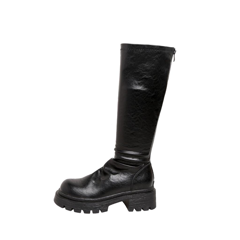 ~ Autumn and winter new thick-soled thick-heeled pleated medium and high elastic stacking boots women's knee boots