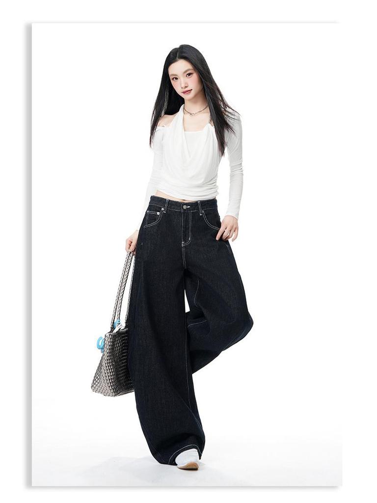 Women's Non-Sticky Wide-Leg Jeans: Spring Loose, Curved Style, Slim-Fit Pants