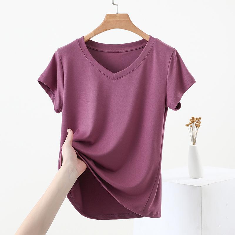 Women's Summer 2025 Slimming Solid V-Neck Short Sleeve T-Shirt - Casual, Versatile and Stylish