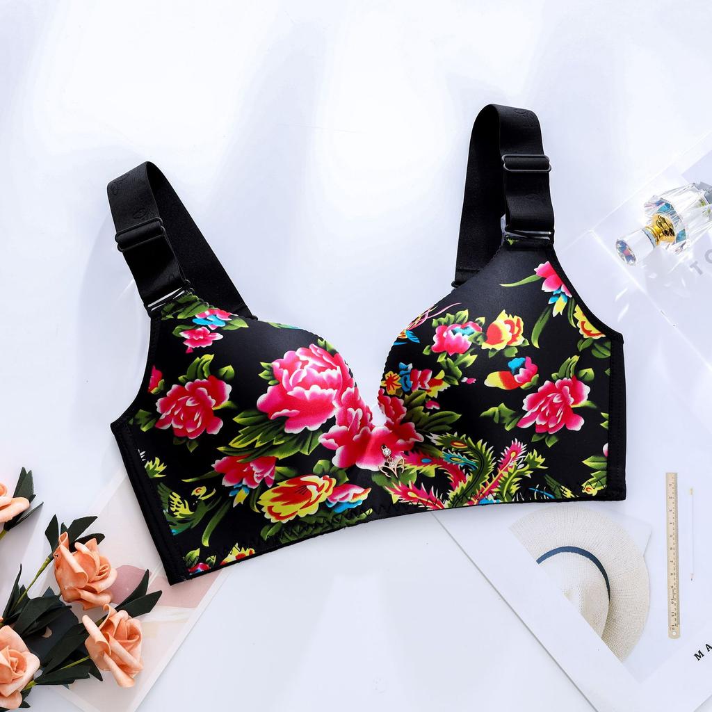 E-Cup Plus-Size-BH, dünn, sexy Blumenmuster, kein Stahlring, rot, gerafftes Bralette, unsichtbarer Push-Up-BH, ausgefallene Unterwäsche, sinnliche Dessous