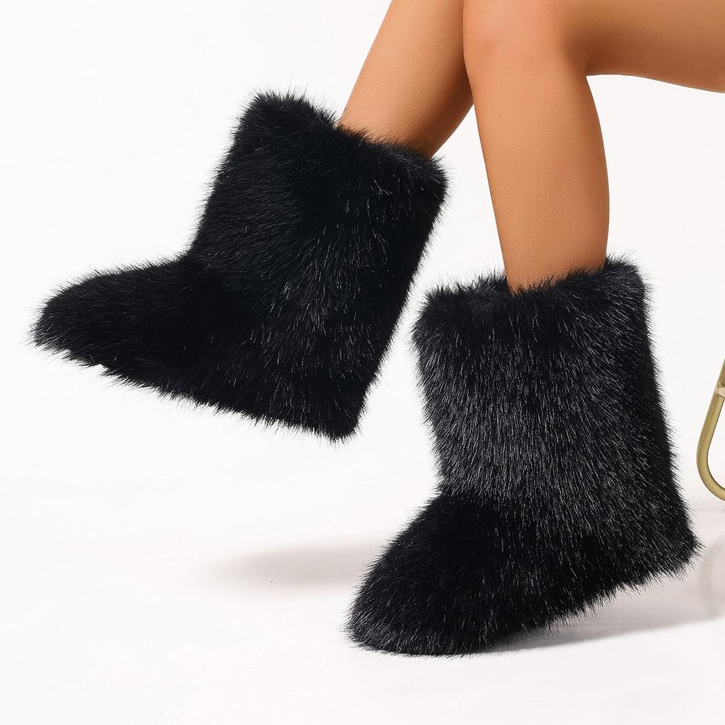 Women's Furry Faux Fur Boots Fuzzy Fluffy Mid Calf Snow Boots Winter Suede Warm Fur Lined Booties Flat Boots for Women Casual Ankle Booties Shoes