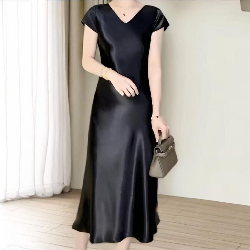 Elegant Satin Short Sleeve Mermaid Dress Slimming Summer French Style High Quality Long Dress