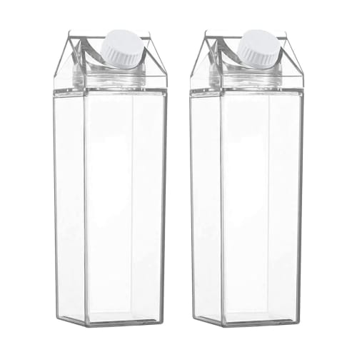 Qkbuza 2-Piece Milk Carton-Shaped Drink Bottle, Clear Plastic, Large Capacity Water Bottle for Direct Drinking, Leak-Proof, Portable Square Breast Mil