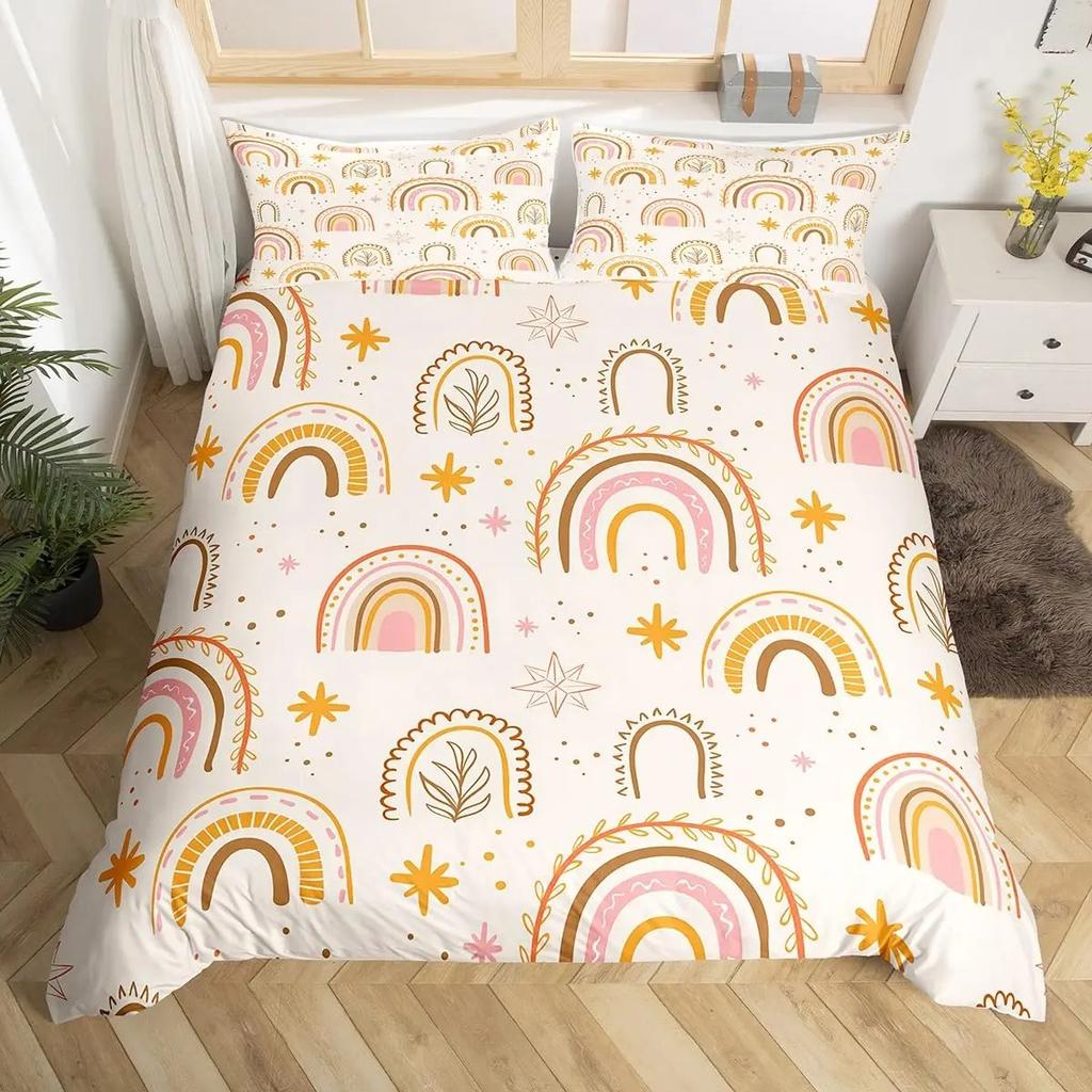 Rainbow Duvet Cover Girly Pink Cartoon Bedding Set Kids Girls Cute Clouds Crown Comforter Cover Kawaii Glitter Stars Quilt Cover