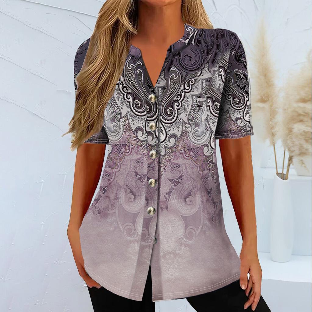 QICED Spring Summer Women's Cardigan Ethnic Print Short-sleeved T-shirt Woman