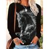 Black Horse Sublimation Print On Black Background, New Women's Casual Comfortable Long Sleeve Round Neck T-Shirt for Spring and Autumn