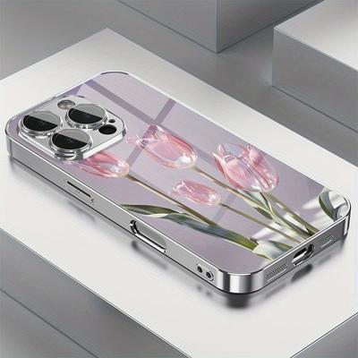 Růžové Sklo Tulipánový Vzor Tvrzené Sklo Pokovené Stříbrem Pouzdro na Telefon Pro Samsung Galaxy S25 S24 S23 Ultra Plus FE Kryt