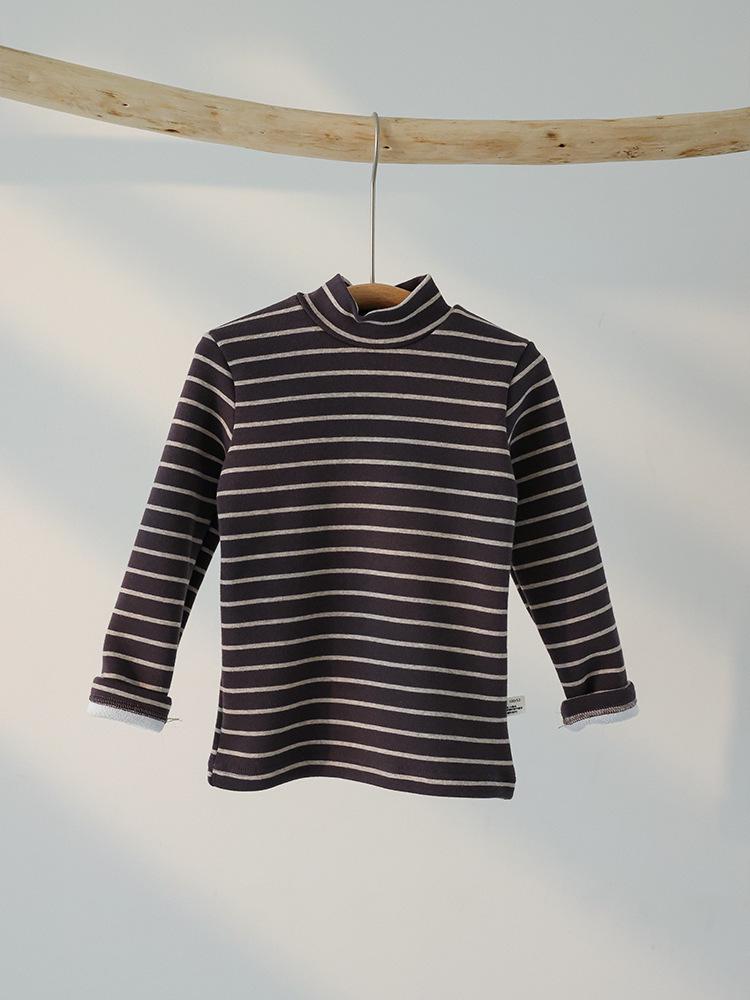 Kids' Winter Striped Velvet-Enhanced Thick Warm High-Collar Long-Sleeve T-Shirt
