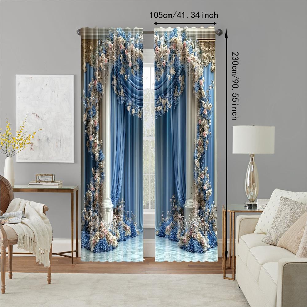 2 pcs   versatile polyester transparent curtains for home decoration Blue and White Floral for use in bedrooms and living rooms