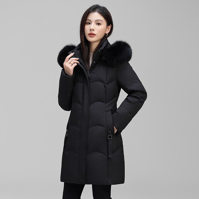 

Женская зимняя новая куртка средней длины с капюшоном, приталенная, утолщенная, модная, с большим меховым воротником, теплая XL