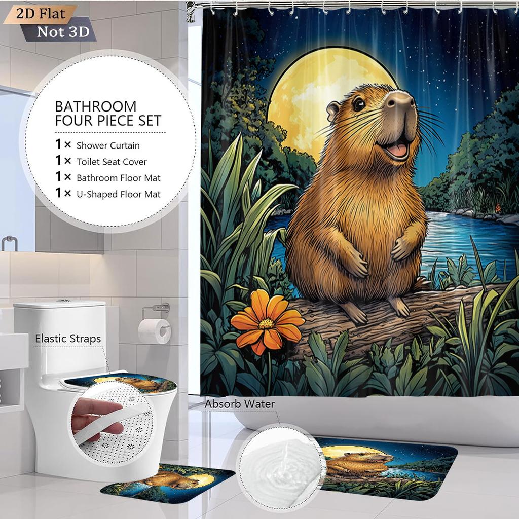 4pcs Capibala Printed Bathroom Set 180x180 Waterproof Shower Curtain With 12 Hook Type Floor Mats, Toilet Mats, U-Shaped Mats