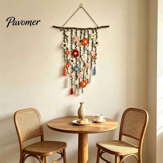 Artisan Knitted Flower Decoration Crochet Garden Wall Hanging, Colorful Tapestry, Handmade Boho Floral Accent Farmhouse Art for Bedroom Living