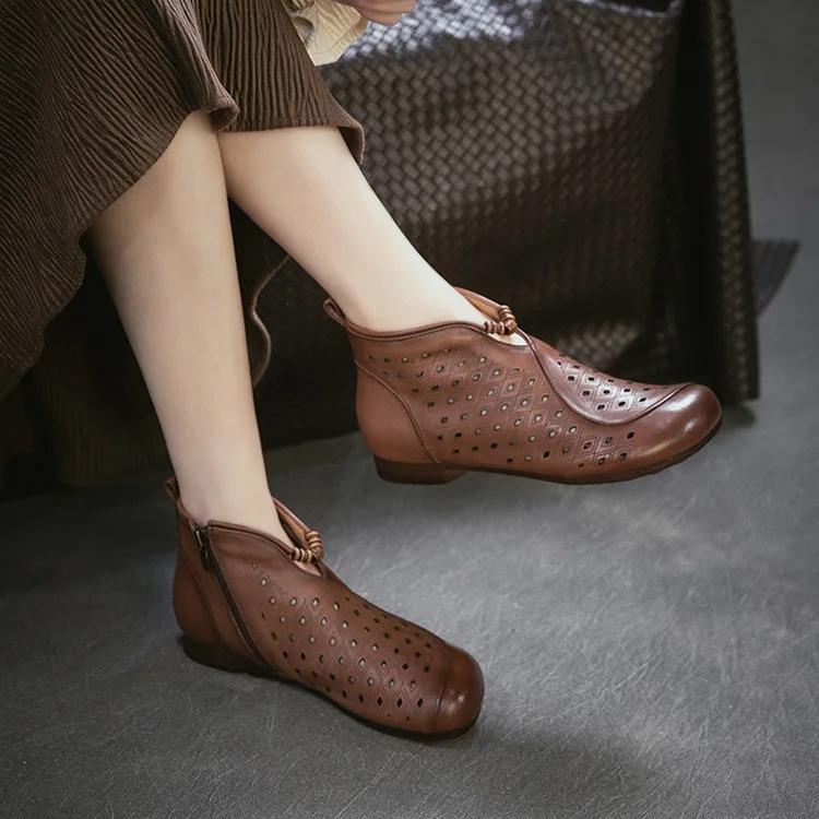 Johnature Retro Summer Short Boots Flat Side Zipper Genuine Leather Hollow-out Breathable Women's Shoes