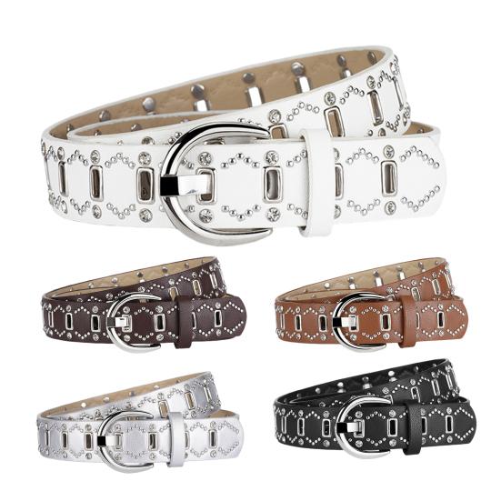 Women Belt Rivet Decor Multi Holes Design Adjustable Length Imitation Leather Belt Faux Leather Punk Style Waistband