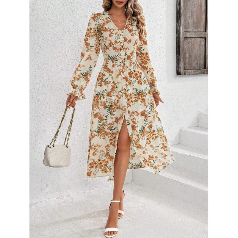 European and American Women's New Autumn and Winter Flower Print Cardigan V-neck Long-sleeved Dress