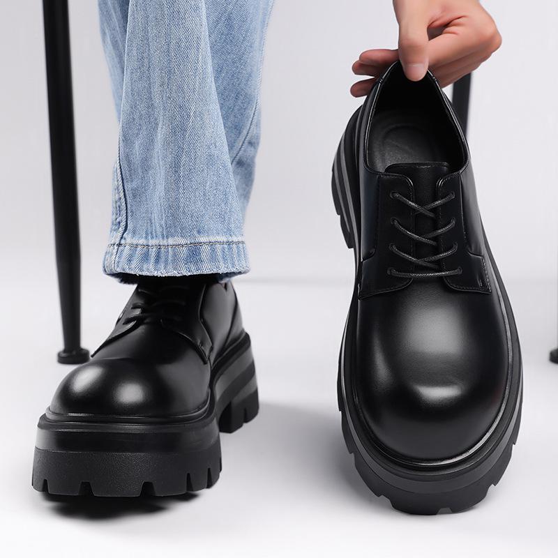 Herren Schwarze Leder Schuhe mit Höhenerhöhung - Dicke Sohle, Big-Toe-Design, Ideal für Hochzeiten und Geschäft.
