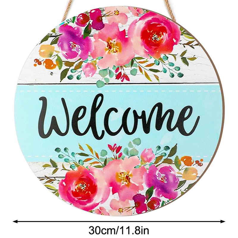 Flower Wooden Hanging Sign, Welcome Watercolor Floral Door Sign, 11.8"X11.8" Circle Farmhouse Rustic Front Door Hanger Sign