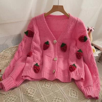 Autumn and Winter Women's Sweater Loose Strawberry Knit Cardigan Cute Knit Jacket