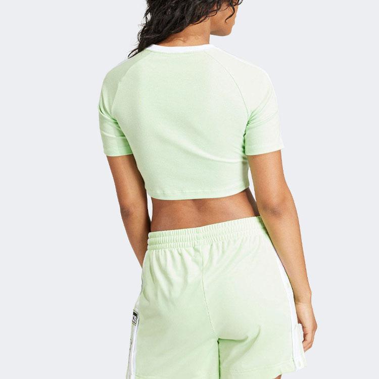 Adidas Originals Stripe Color Block Logo Round Neck Slim Fit Short Sleeve Cut Shoulder Tee Women Tops Green IP0659