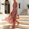 Light Fabric Dress Floral Chiffon for Women, Halter Sleeveless Ruched Maxi Casual Loose Fit Dress, Turtle Neck Wedding Guest Cocktail Evening