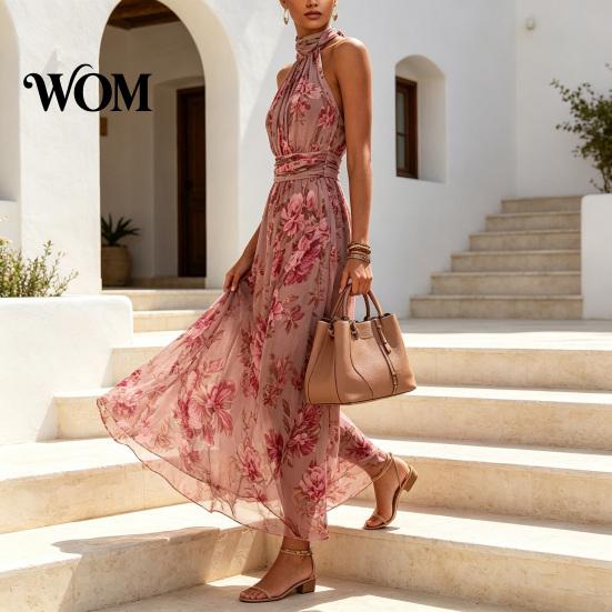 Light Fabric Dress Floral Chiffon for Women, Halter Sleeveless Ruched Maxi Casual Loose Fit Dress, Turtle Neck Wedding Guest Cocktail Evening