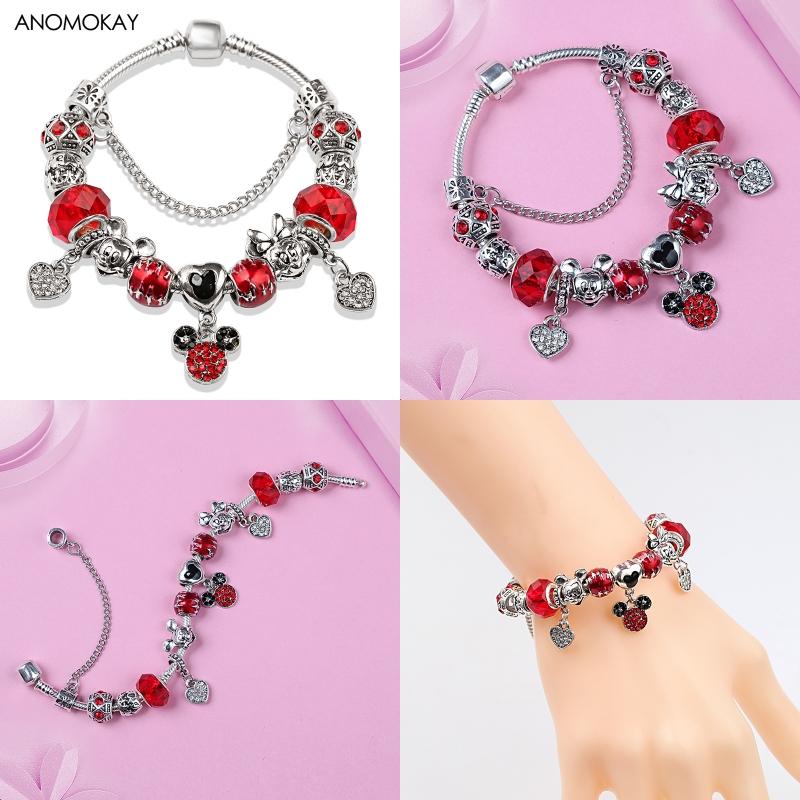 Potdemiel Pink Enamel Crystal Minnie Charm Bracelets Silver Color Heart Cartoon Bead Jewelry for Women Girl Gift