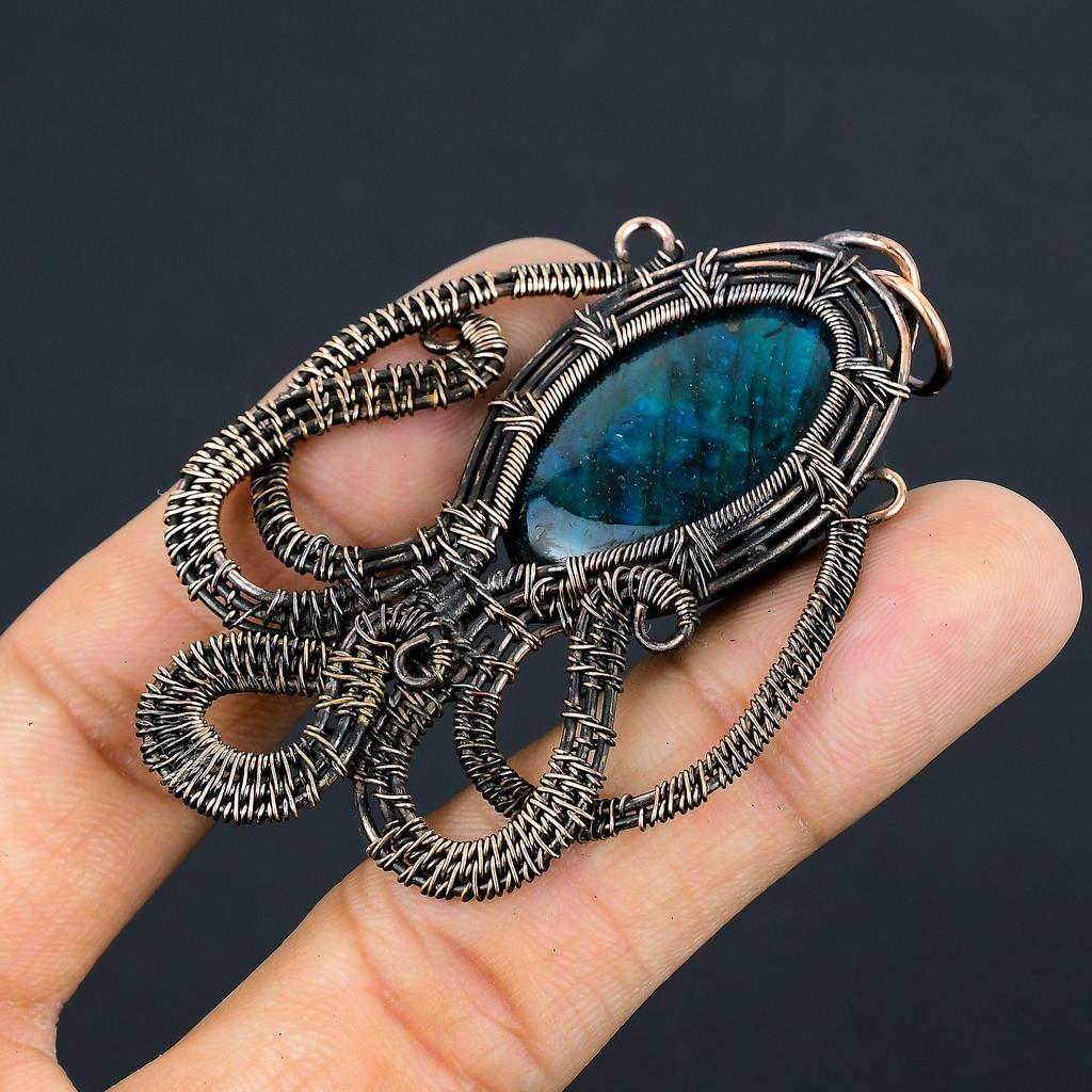 Natural Octopus Labradorite Stone Handmade Copper Wire Wrap Pendant 3.03" T5m67