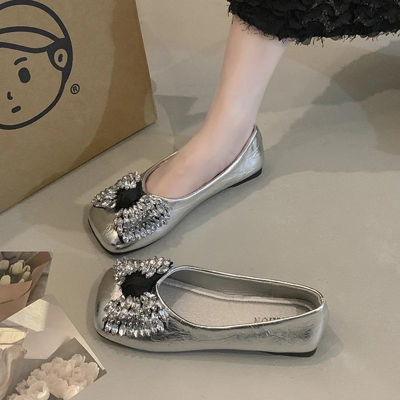 Summer New Rhinestone Butterfly-knot Square Toe Shallow Mouth Women's Flats 2025 Fashion Flat with Soft Bottom Ladies Shoes