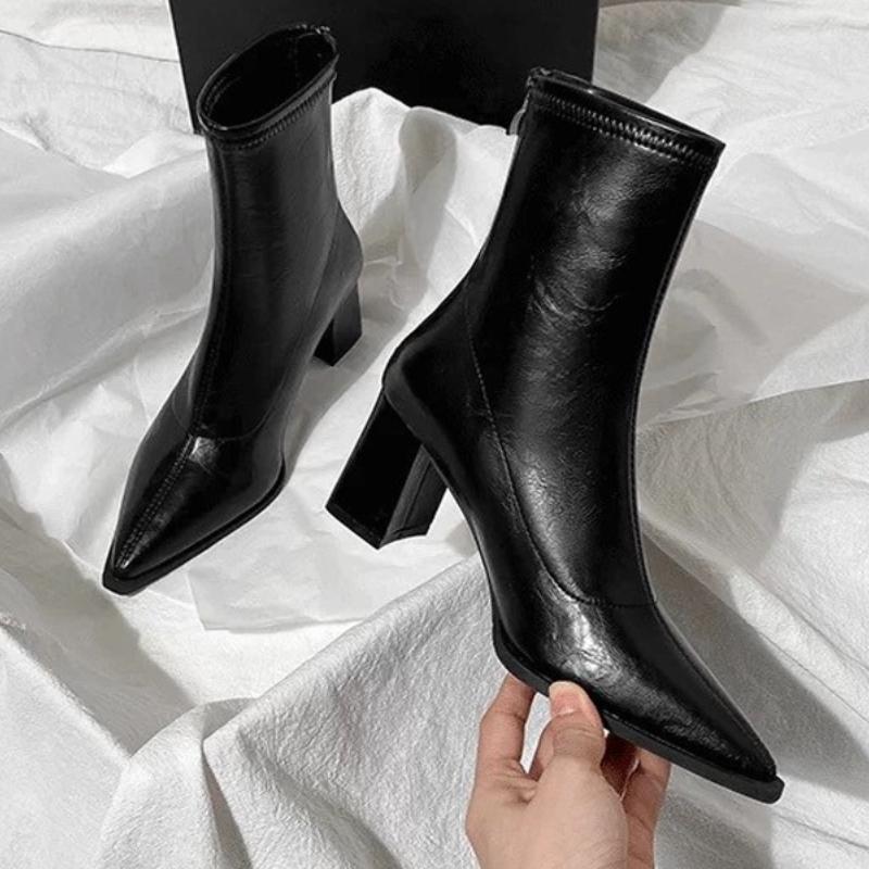 

Autumn Winter Vintage Thick Heel Slim Ankle Boot Women Fashion Pointed Toe Stripper Party Modern Short Botas Para Mujer 35 чёрный