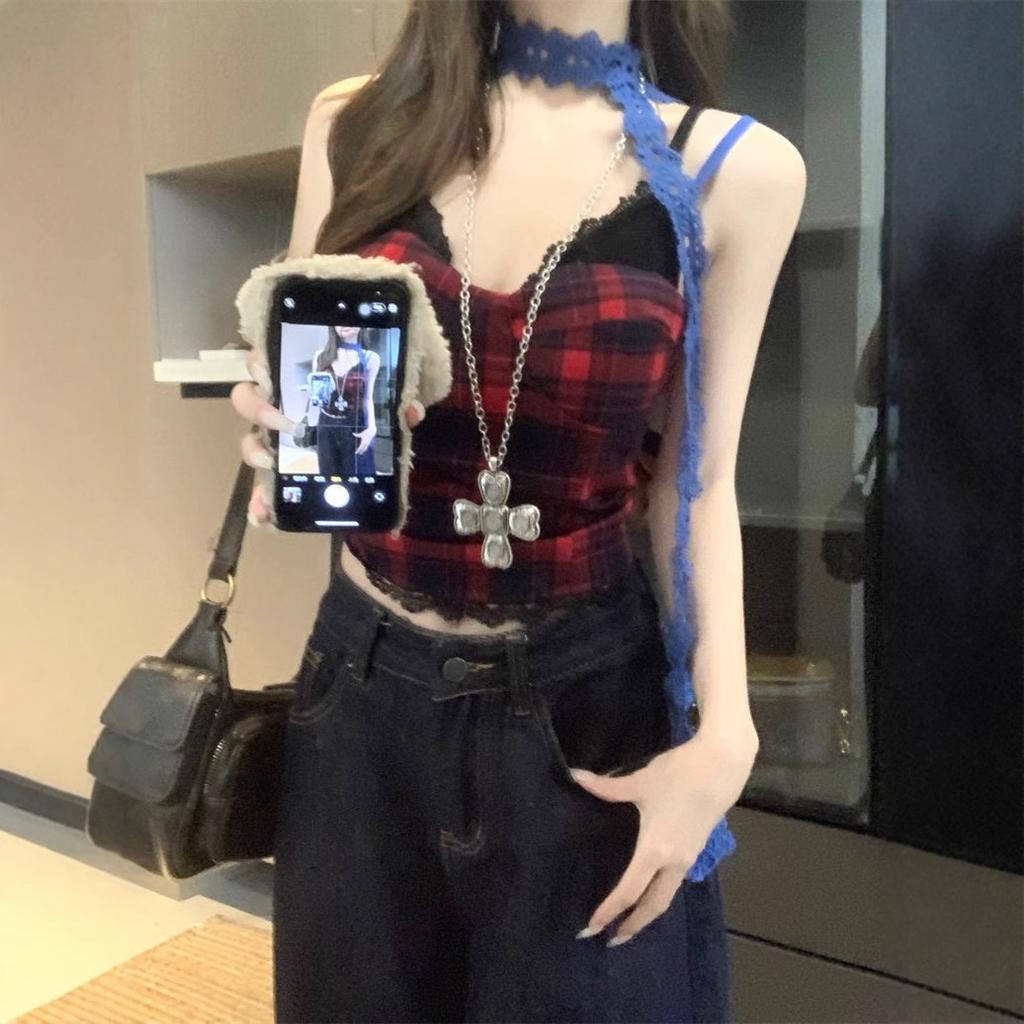 American Spice Girl Lace Splicing Fake Two-piece Plaid Suspender Vest Women's Summer Slim Skinny Short Top