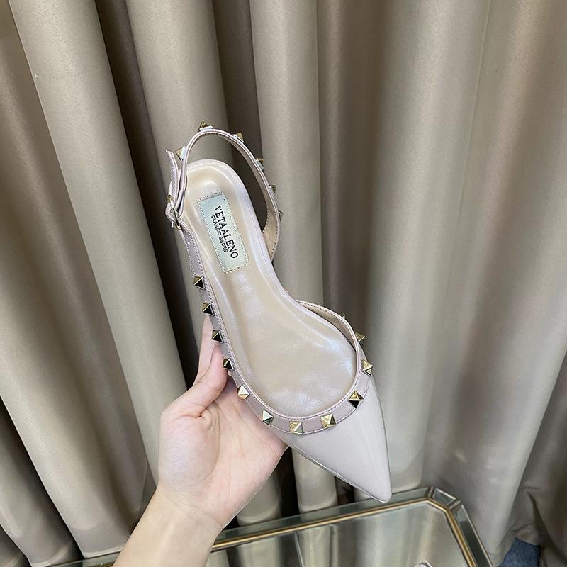 One word with bag head sandals women's spring and summer new rivets flat bottom pointed head patent leather low heel shallow mouth single shoes