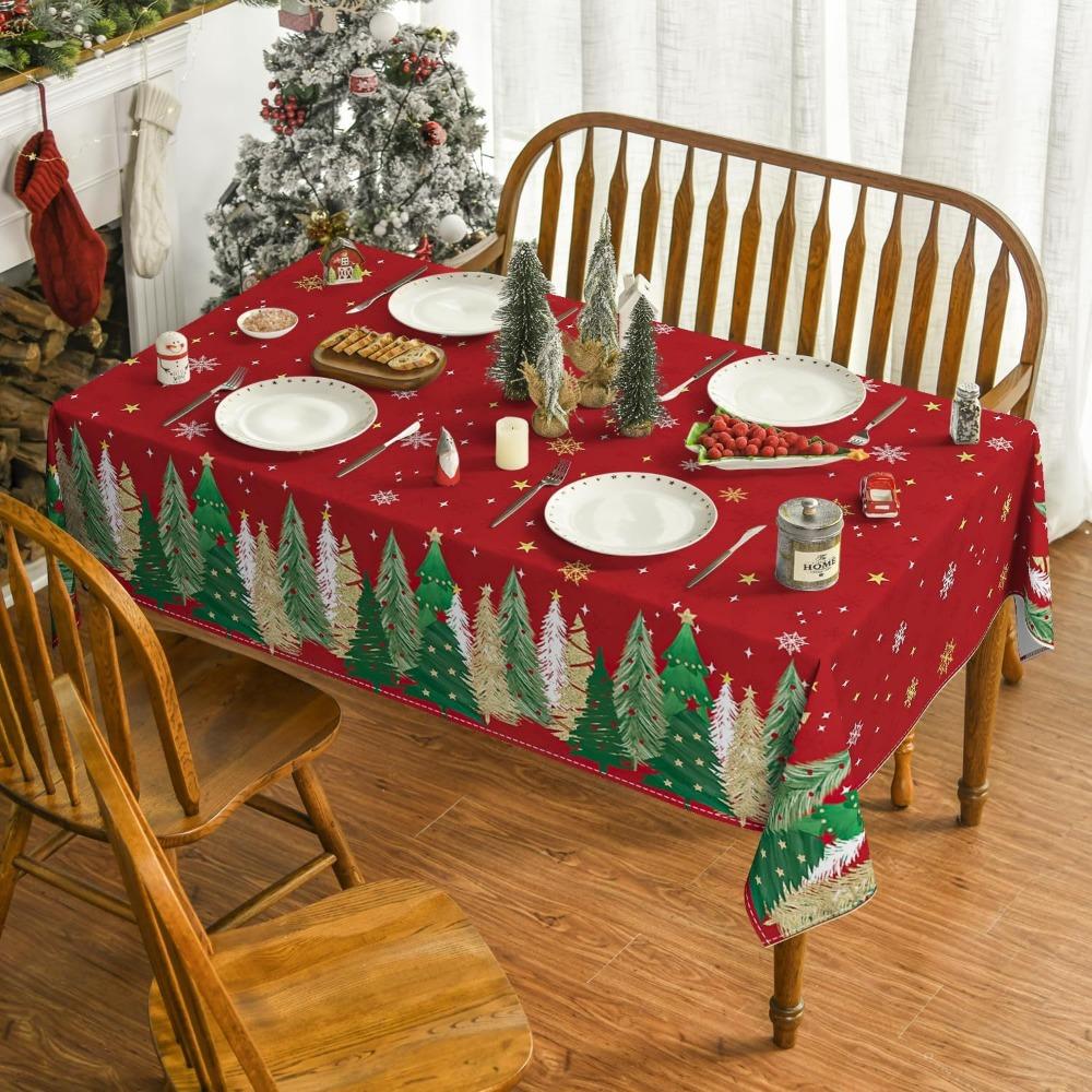 Christmas Polyester Tablecloth Snowman Print Lightweight Stain Resistant Dining Decor Long Table Cover