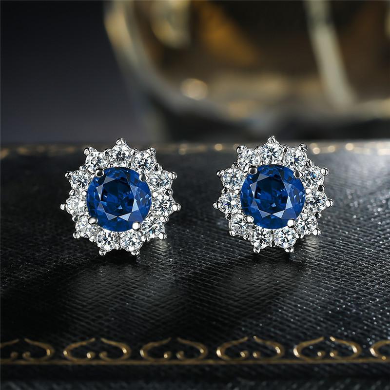 Cute Female Small Red Round Earrings Crystal Stone Fashion Silver Color Wedding Double Stud Earrings For Women