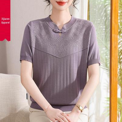 Mom's Summer Style Knit Short-Sleeve Top - Breathable, Elegant, Age-Reducing for Middle-Aged and Elderly Women.