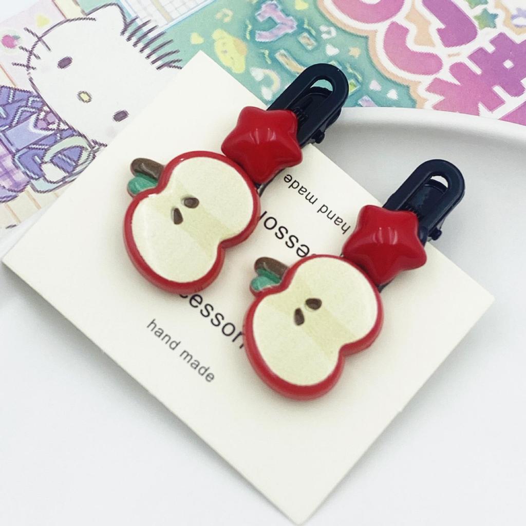 Red Star Apple Duckbill Clip - Cute Girly Bangs & Side Clip with Five-Pointed Star Design