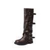 2025 neue hochhackige lange Ritterstiefel mit dicker Sohle für Damen Maillard plissierte Hosenstiefel braune Schnallenstiefel