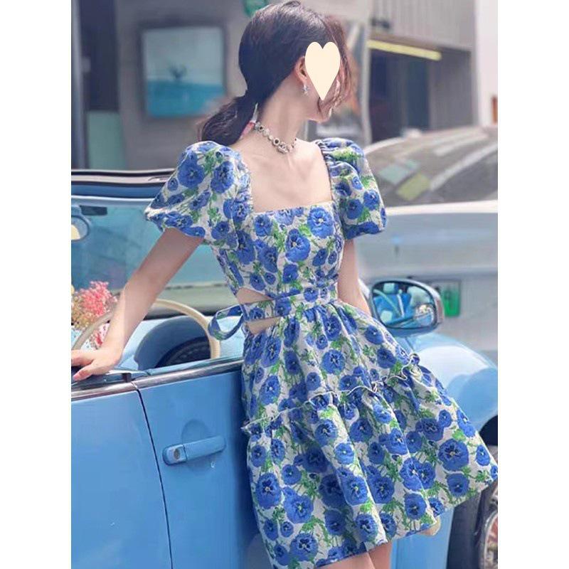 

Женское платье с квадратным вырезом и цветочным принтом - Лето 2025 Французский морской отдых S