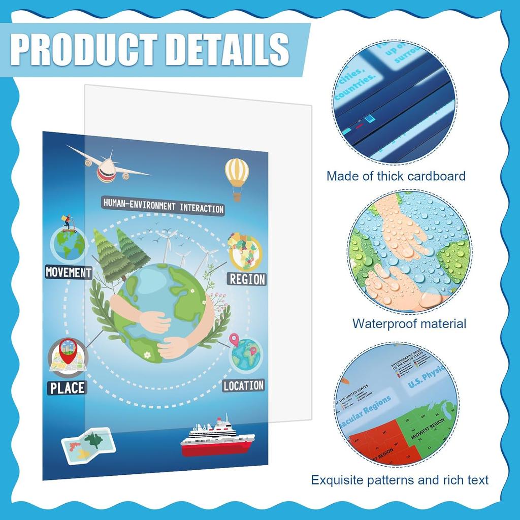 Pasimy 7 Pcs Geography Posters Set Bulk 5 Themes of Geography Social Studies World Human Environmental Bulletin Board Classroom Decorations for