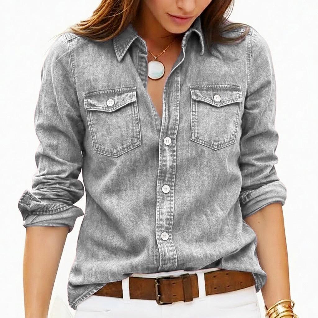 Camicie Vintage da Donna in Denim Lavato Manica Lunga Collo a Revers Bottoni Bluse Casual Ampie Top Quotidiani