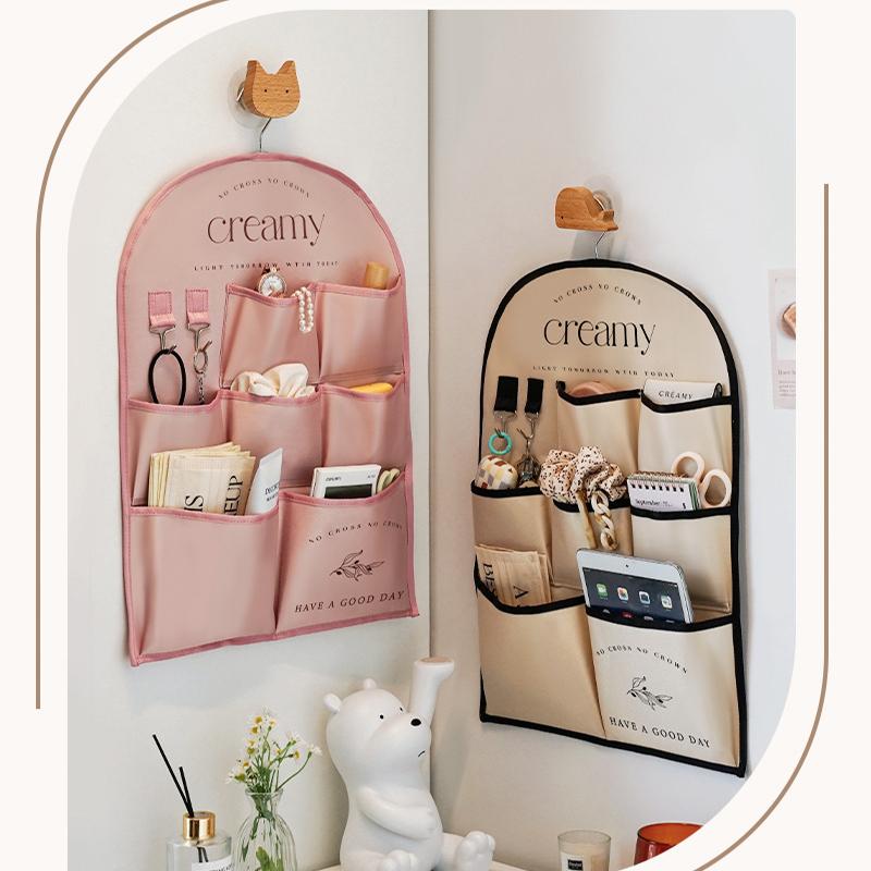 3/7 Pockets Creative Wall Mounted Storage Bag,Satin Organizer with Hooks for Keys Sundries,Multi-Purpose Hanging Bags Home Decor