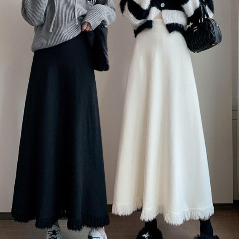 Apricot Knit Skirt Women Spring Autumn Elastic Waist Draping Flared A-Line Slimming High Waist Midi Skirt