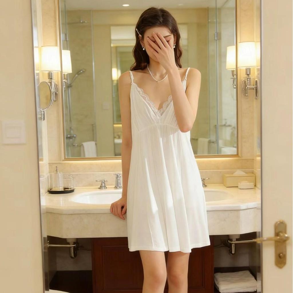 2026 Spring/Summer Sexy V-neck Beaded Modal Camisole Midi Nightgown for Women