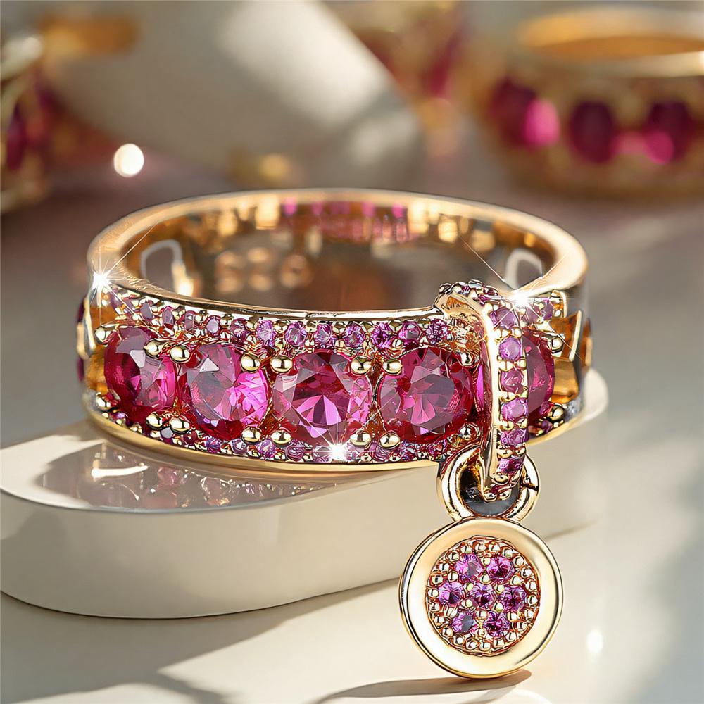 

Luxury Female Rose Red Round Zircon Stone Engagement Ring Yellow Gold Color Wedding Jewelry For Women 10